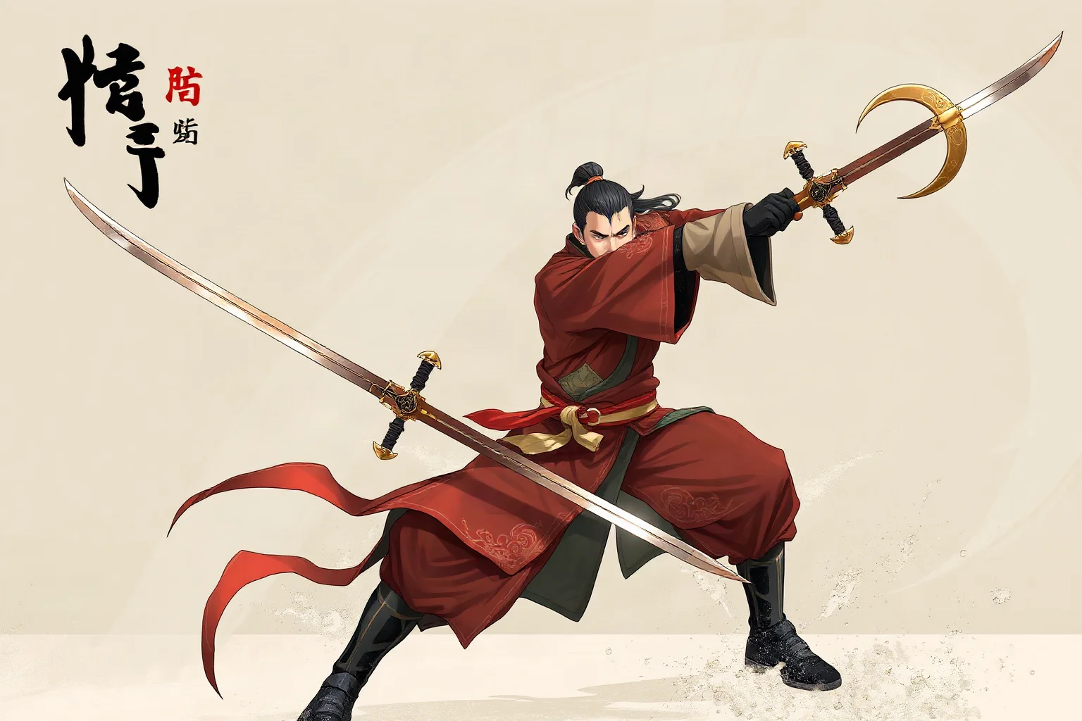 A Chinese martial artist holding twin hook swords with crescent guards, dynamic illustration