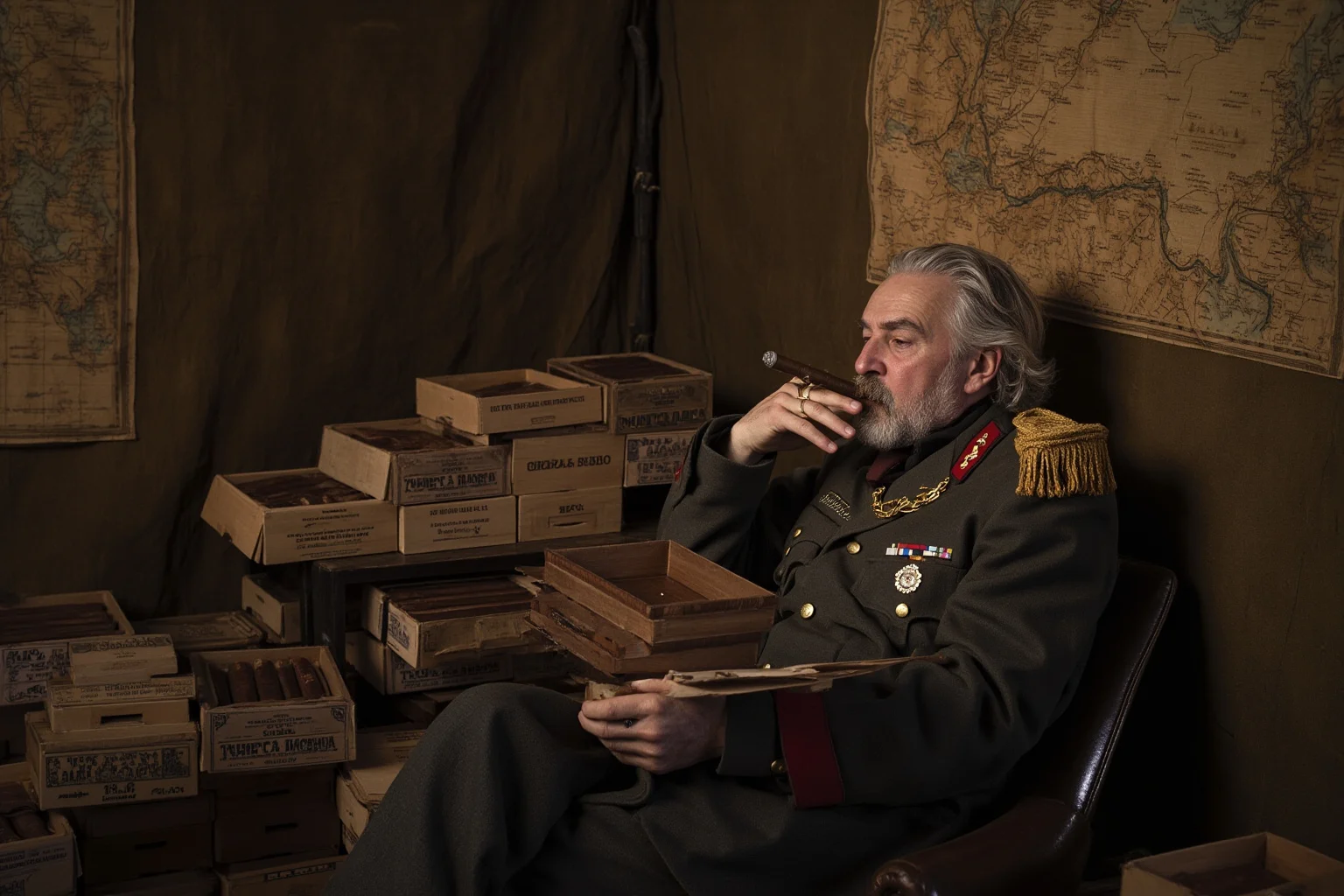 Facts About Ulysses S. Grant: 20 Facts and 10 Misconceptions Busted 19 A cigar-smoking general in a military tent during wartime, with boxes of cigars stacked nearby and maps on the walls