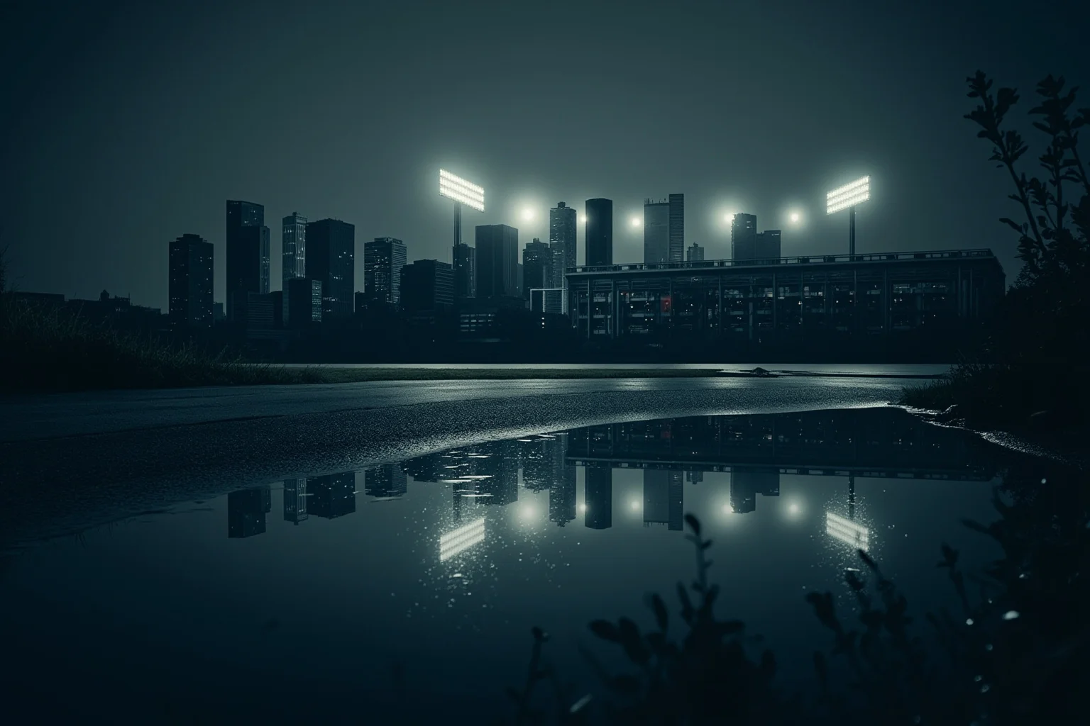 Longest Championship Droughts In Sport History 21 A city skyline reflected in a rain puddle with a single lit stadium in the background, moody symbolic illustration
