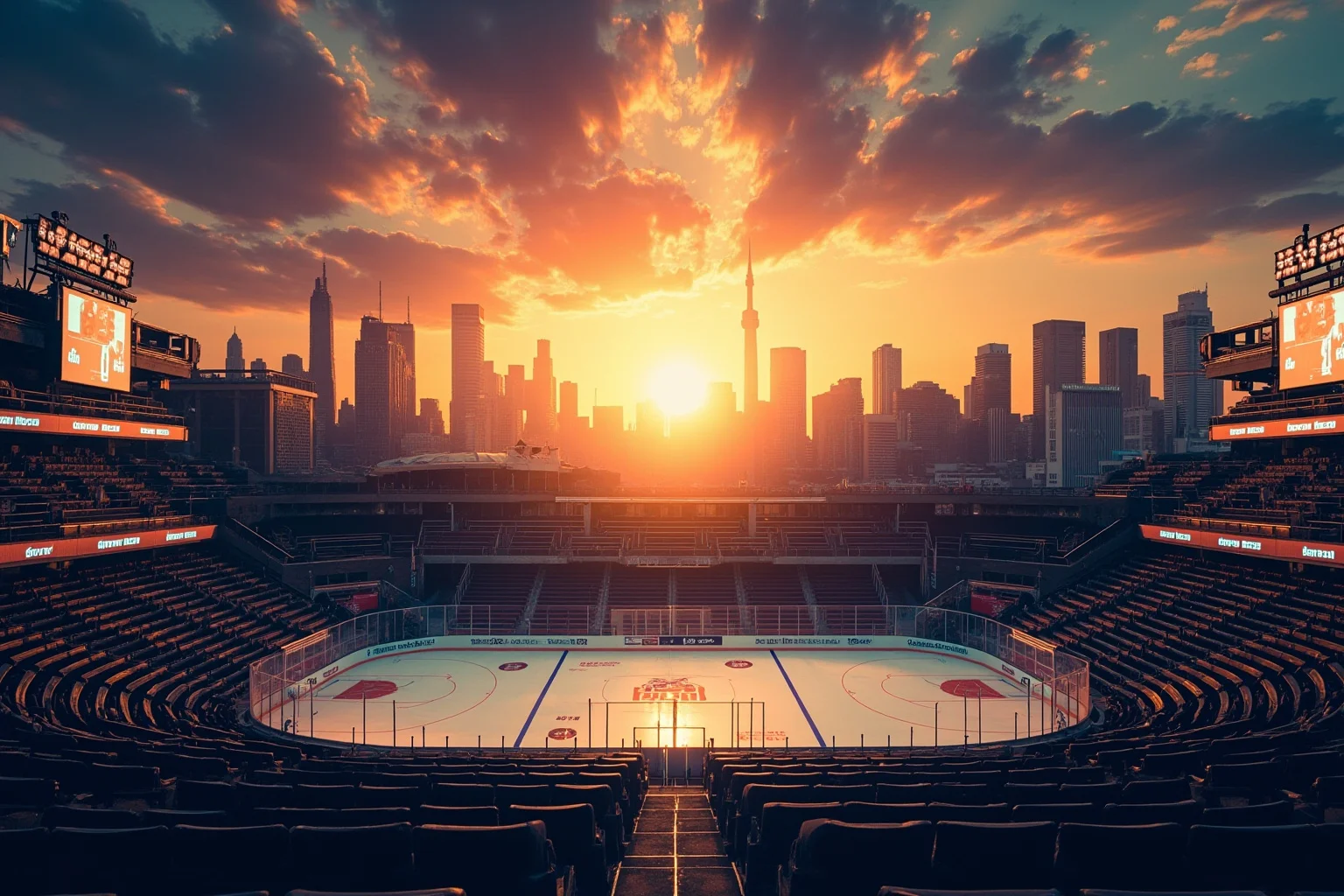 Longest Championship Droughts In Sport History 23 A city skyline split between an old hockey rink and a modern basketball arena under one shared sunset, symbolic illustration