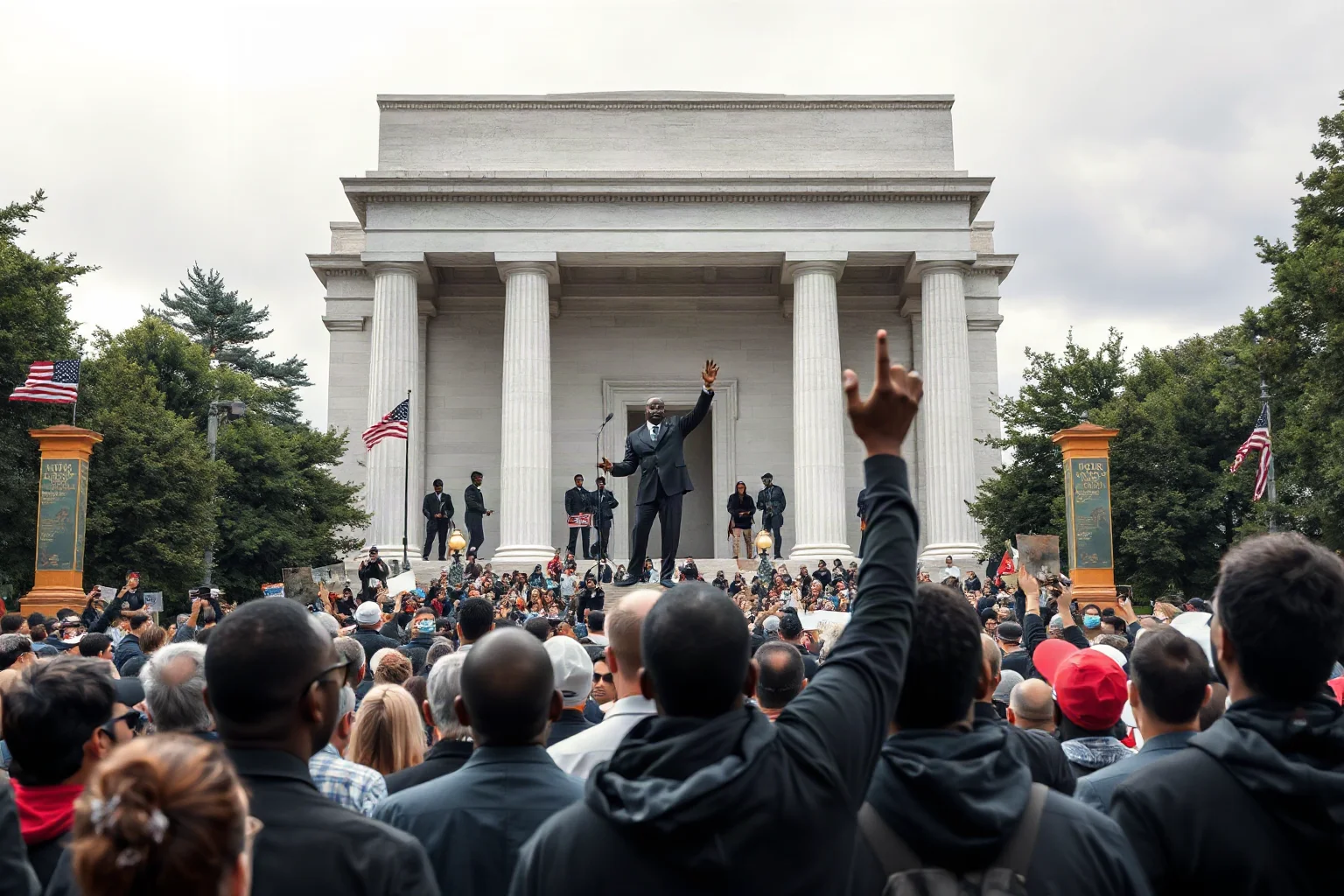A civil rights leader addressing an enormous crowd gathered before a grand marble monument