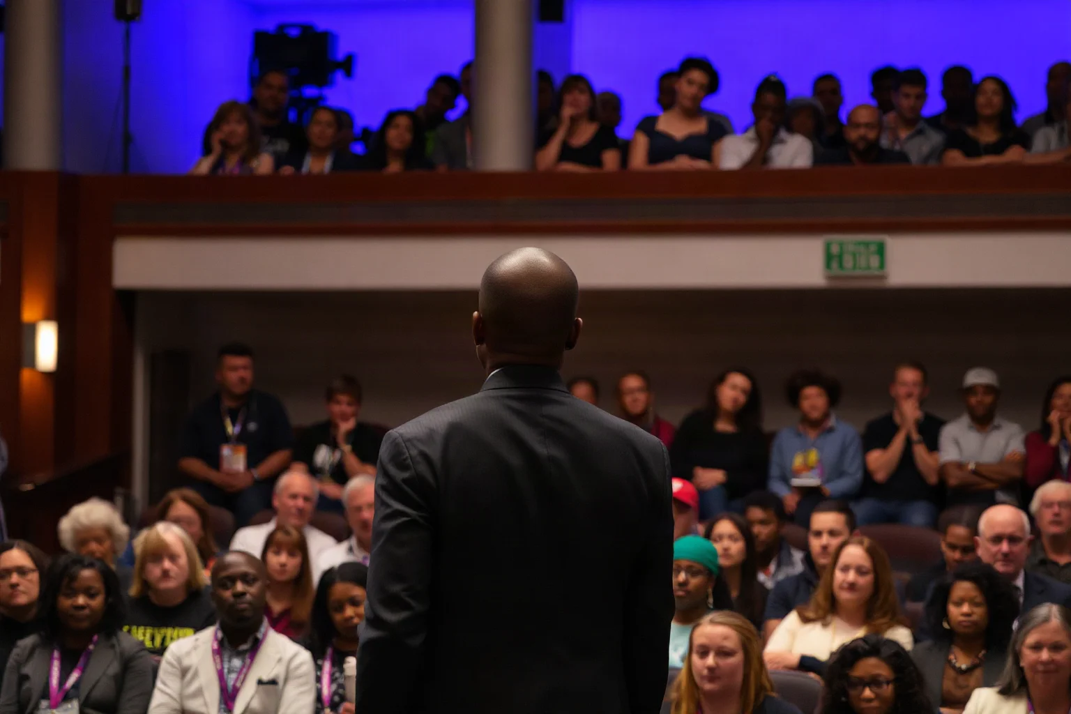 A civil rights speaker addressing a packed indoor hall with an intense, focused expression