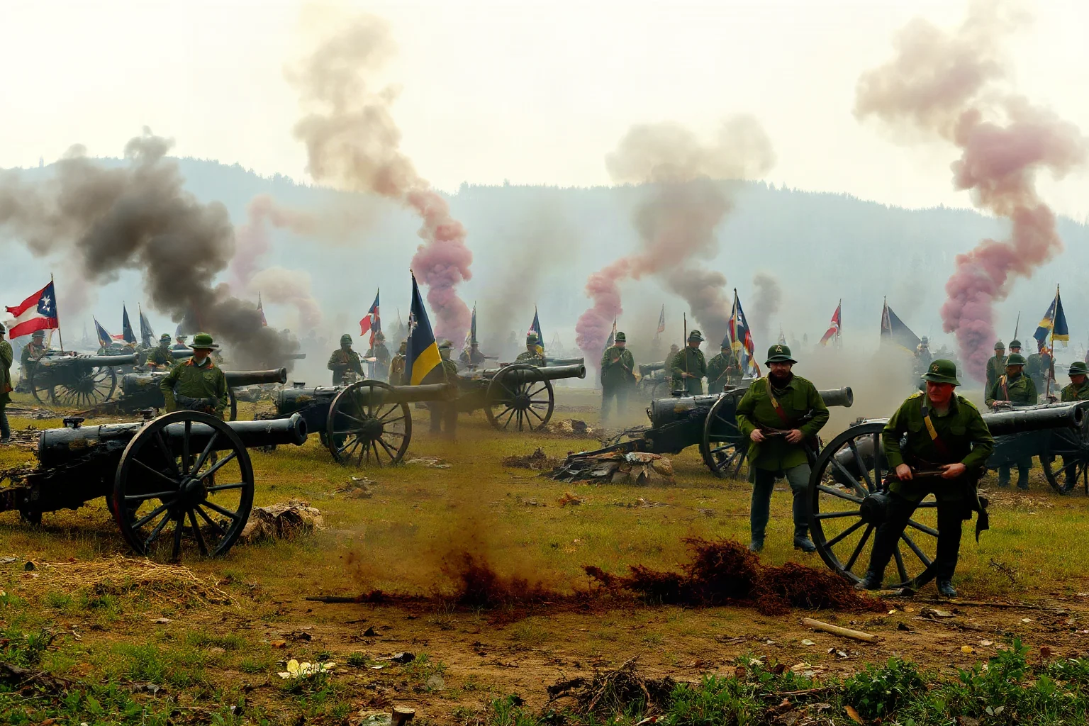 A Civil War battlefield scene with soldiers, cannons, and smoke rising from the ground during intense combat