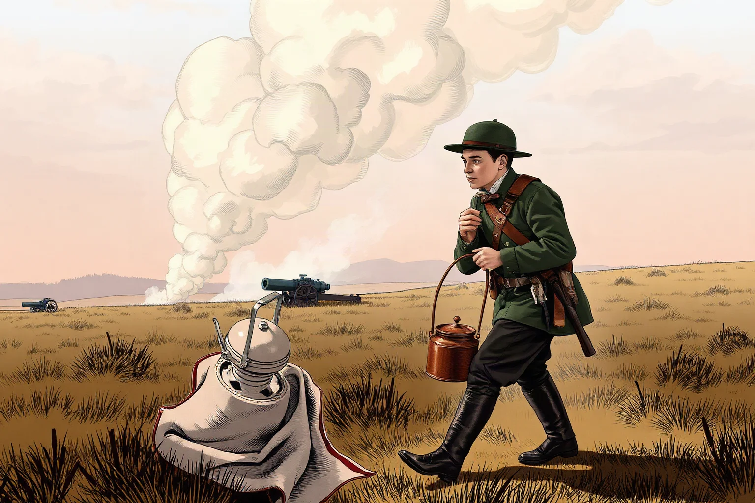 A Civil War-era illustration of a young soldier carrying a coffee kettle across a battlefield under distant cannon smoke