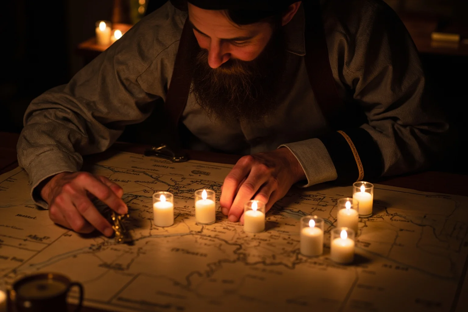 Legendary Cases Involving the Pinkerton Detective Agency 5 A Civil War-era map table with a strategist in uniform studying troop movement markers by candlelight