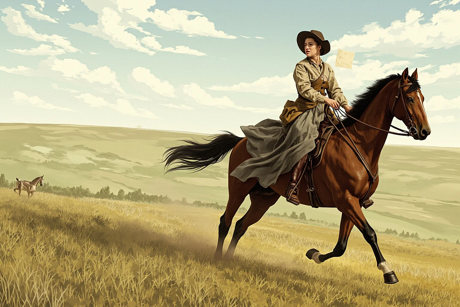 A Civil War-era woman on horseback delivering an urgent message across a rural landscape, illustrated style