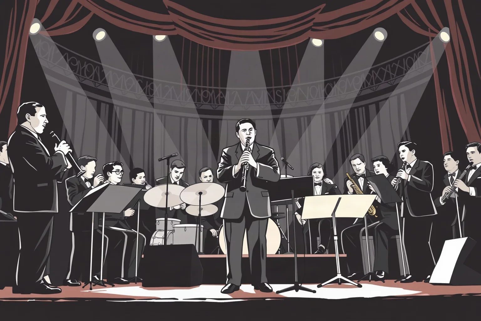 A clarinetist leading an integrated swing band on a grand stage in the 1930s, illustrative style