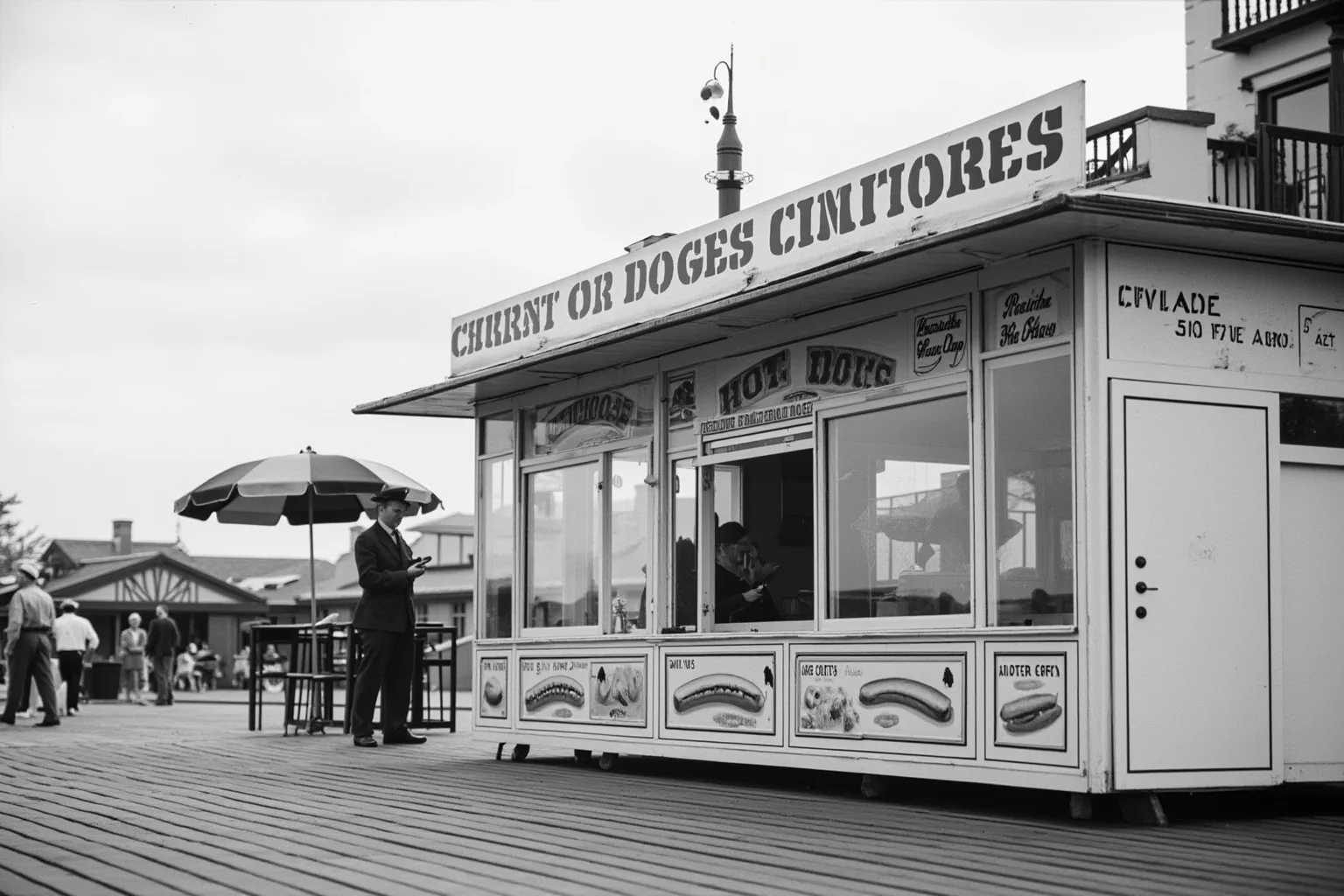 The Oldest Fast Food Chains in the World: A Full History 7 A classic 1910s hot dog stand on a boardwalk with a striped umbrella and a hand-painted sign