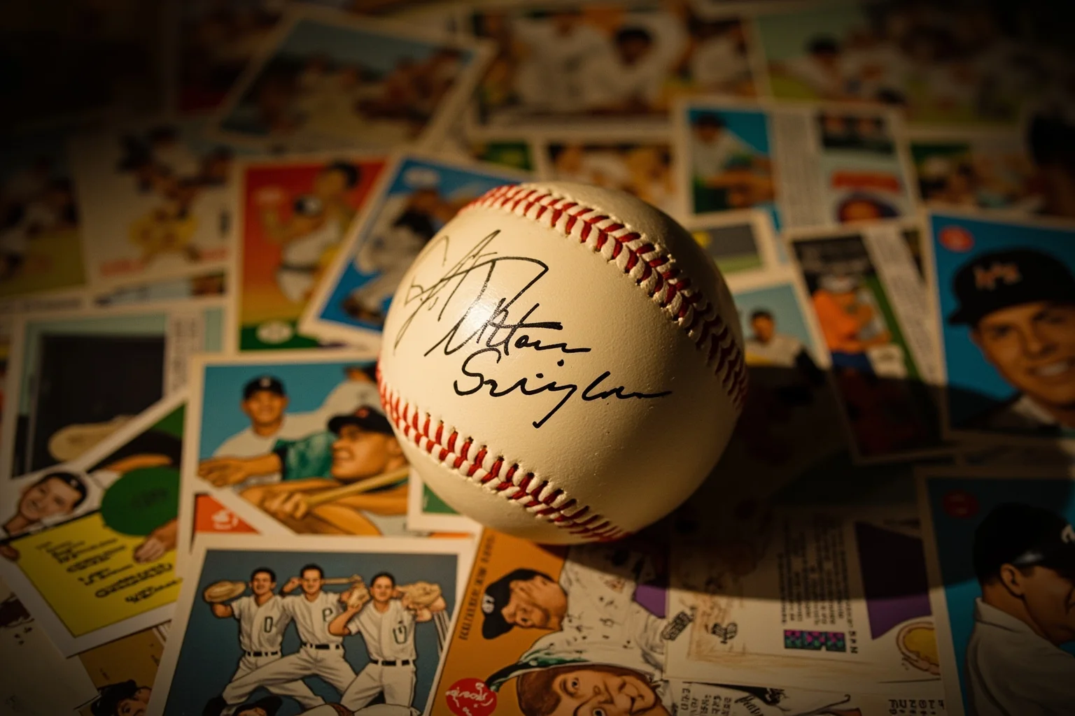 A classic 1950s baseball card collection with a signed vintage baseball resting on top, soft nostalgic lighting
