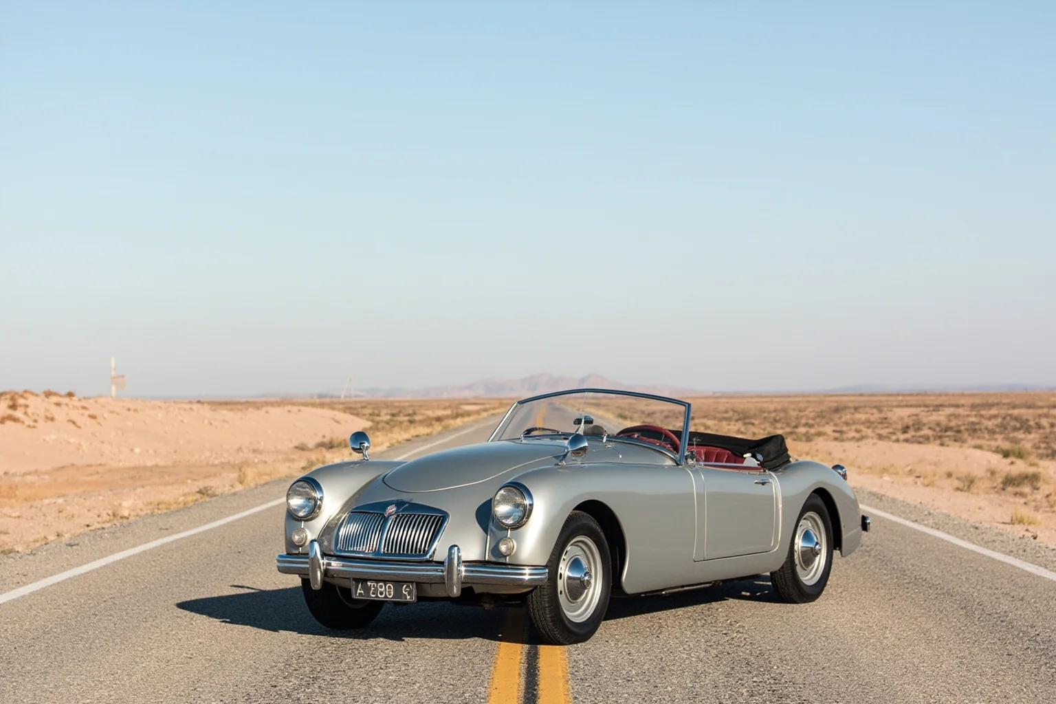 A classic 1950s silver roadster convertible parked on an empty desert road