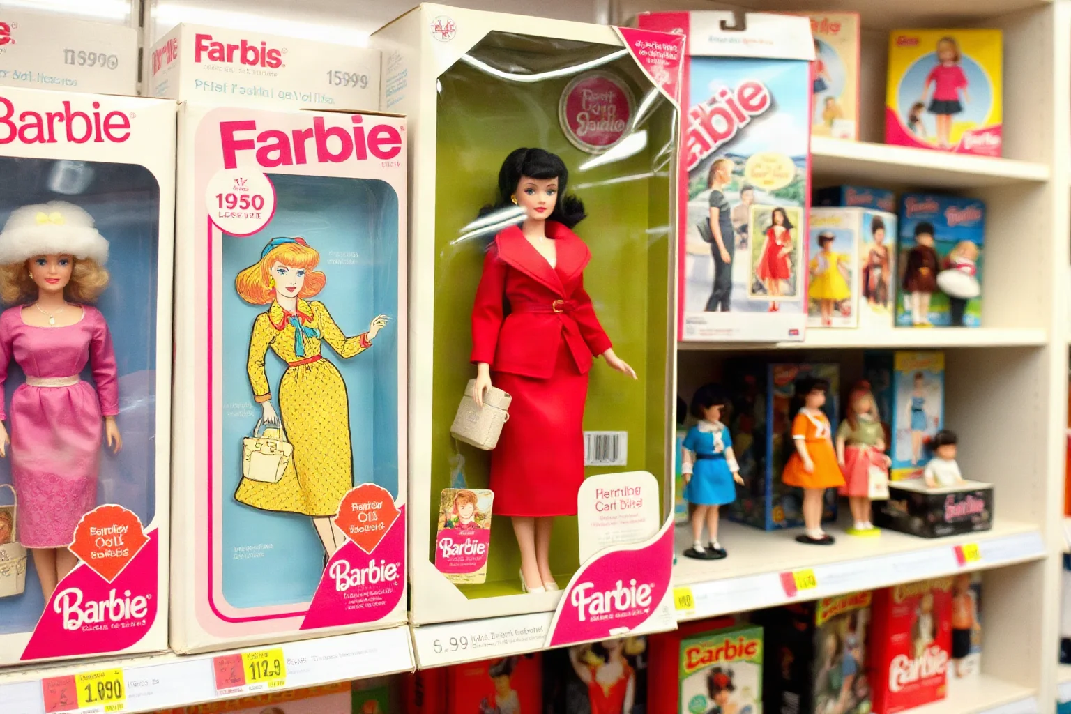 A classic 1959-style fashion doll in retro packaging on a toy store shelf