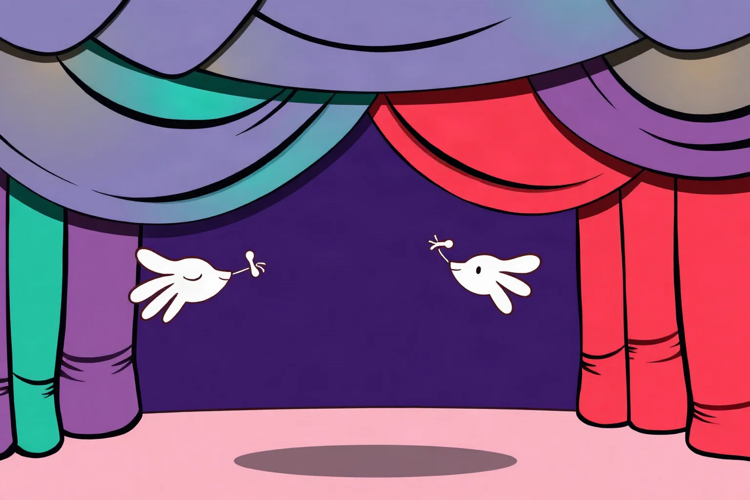 A classic animated cartoon character mid-action pose on a colorful stage curtain background, retro Saturday-morning cartoon illustration style