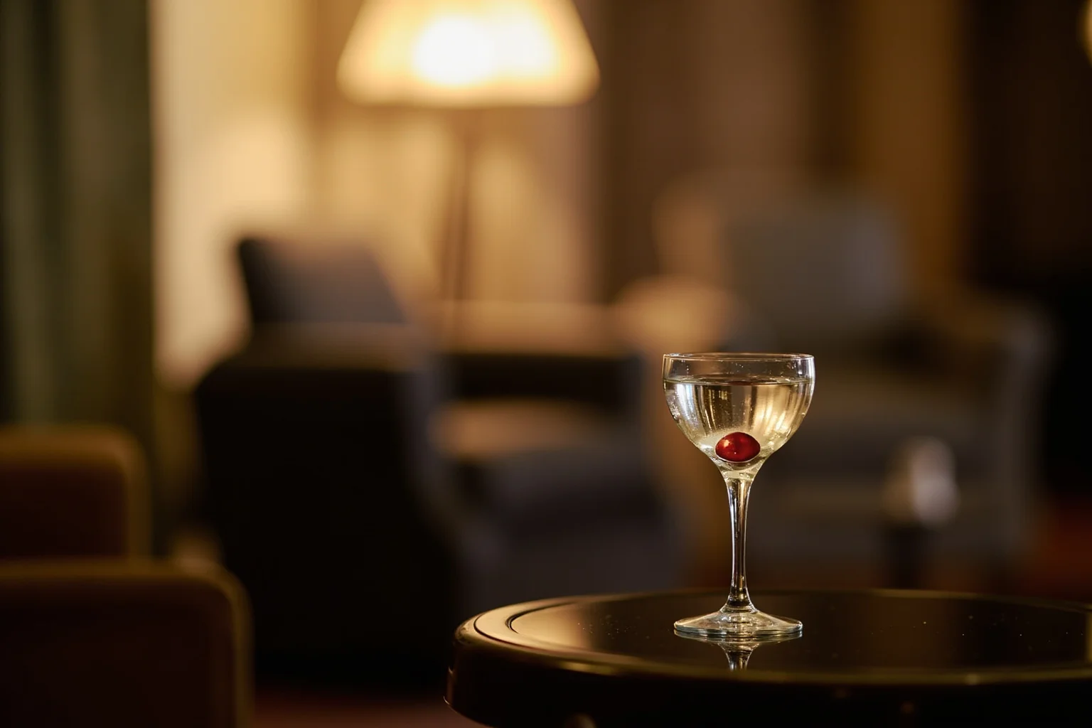 A classic Hollywood-era living room with a martini glass on a side table and warm lamp light