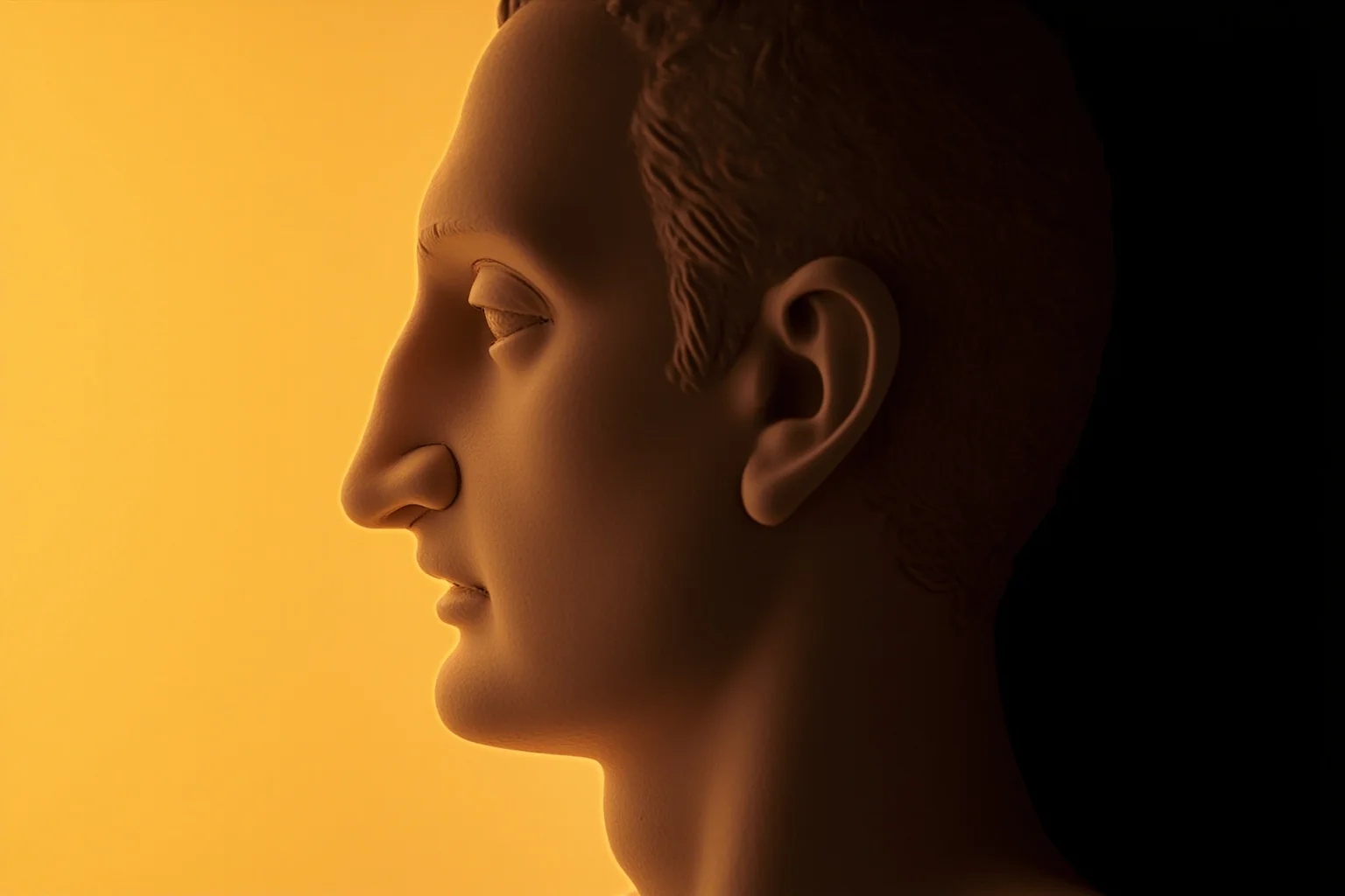 A classical bust illustration with glowing warm light near the ear