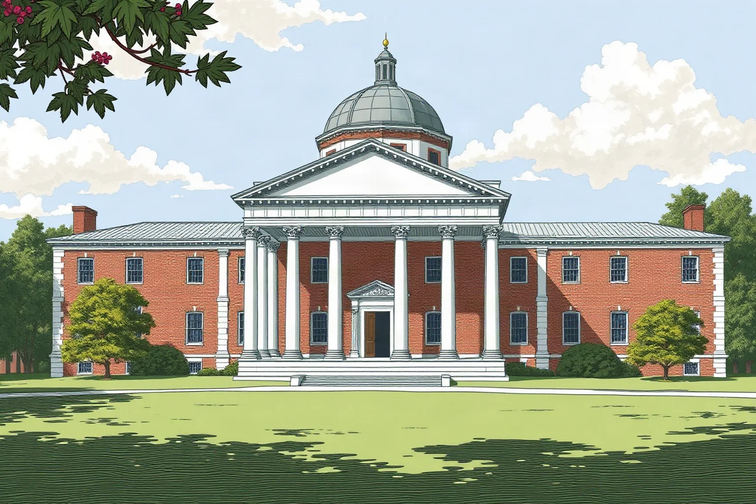 A classical domed university building with columns on a green lawn, early American academic architecture illustration