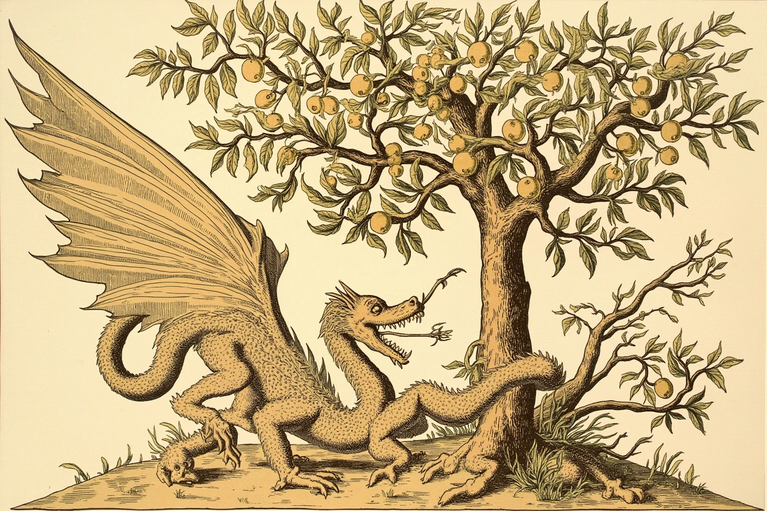 Famous Dragons Throughout History: Myths, Legends, and the Real Stories Behind Them 6 A classical Greek illustration of a many-headed dragon coiled around a tree of golden fruit
