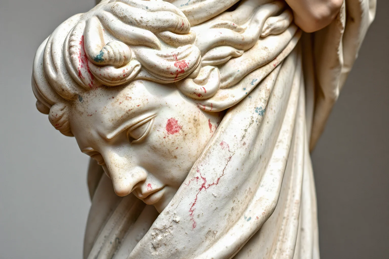 A classical Greek marble statue shown with faded but visible traces of red and blue paint