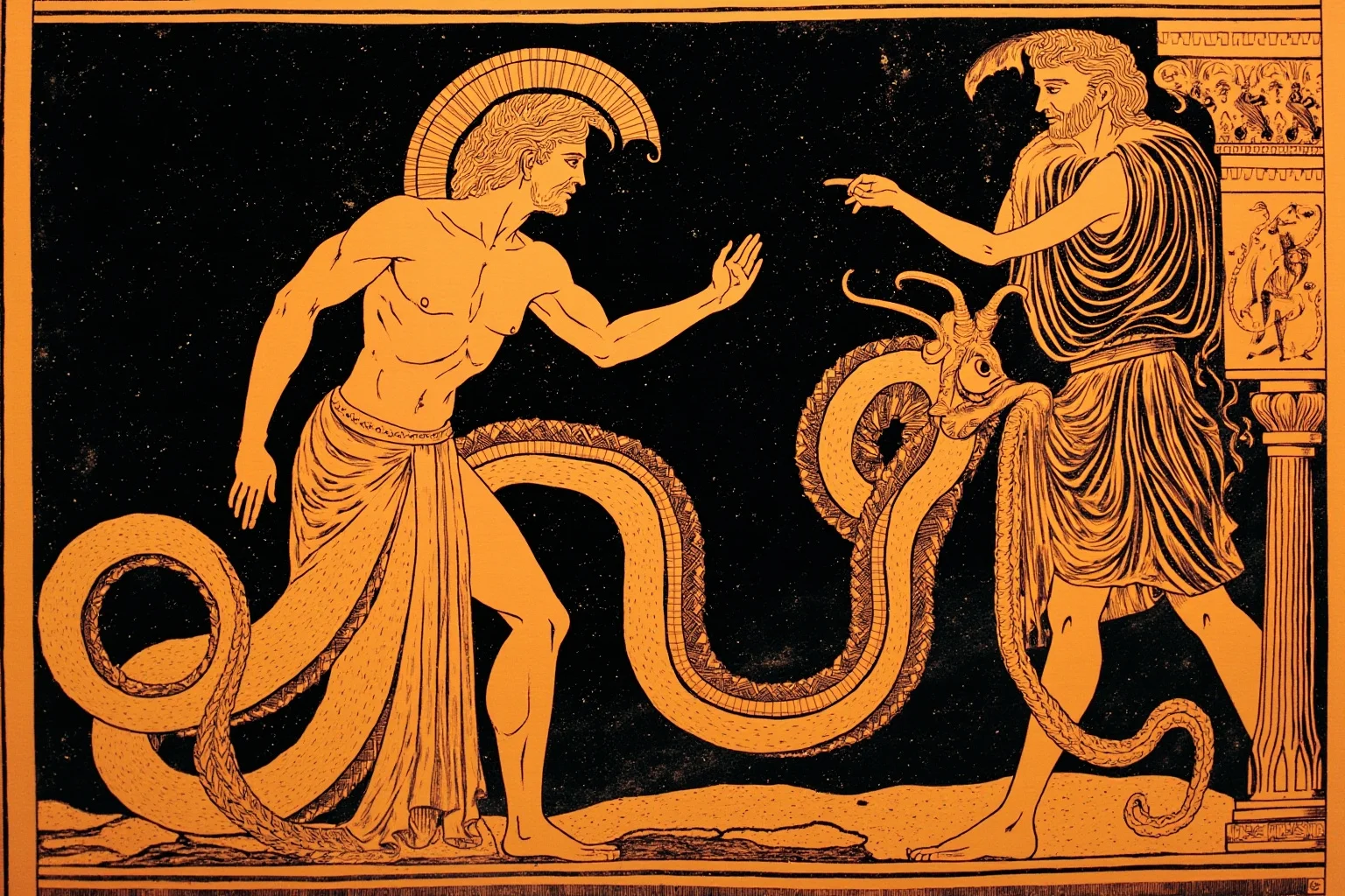 Famous Dragons Throughout History: Myths, Legends, and the Real Stories Behind Them 5 A classical Greek vase-painting style image of a hero facing a giant serpent guarding a sacred site
