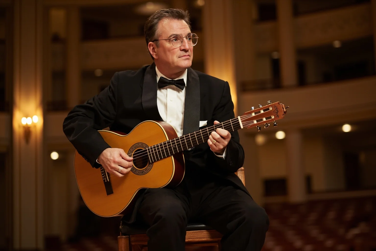 A classical guitarist in formal concert attire performing on a grand stage with a nylon-string guitar, elegant theater backdrop