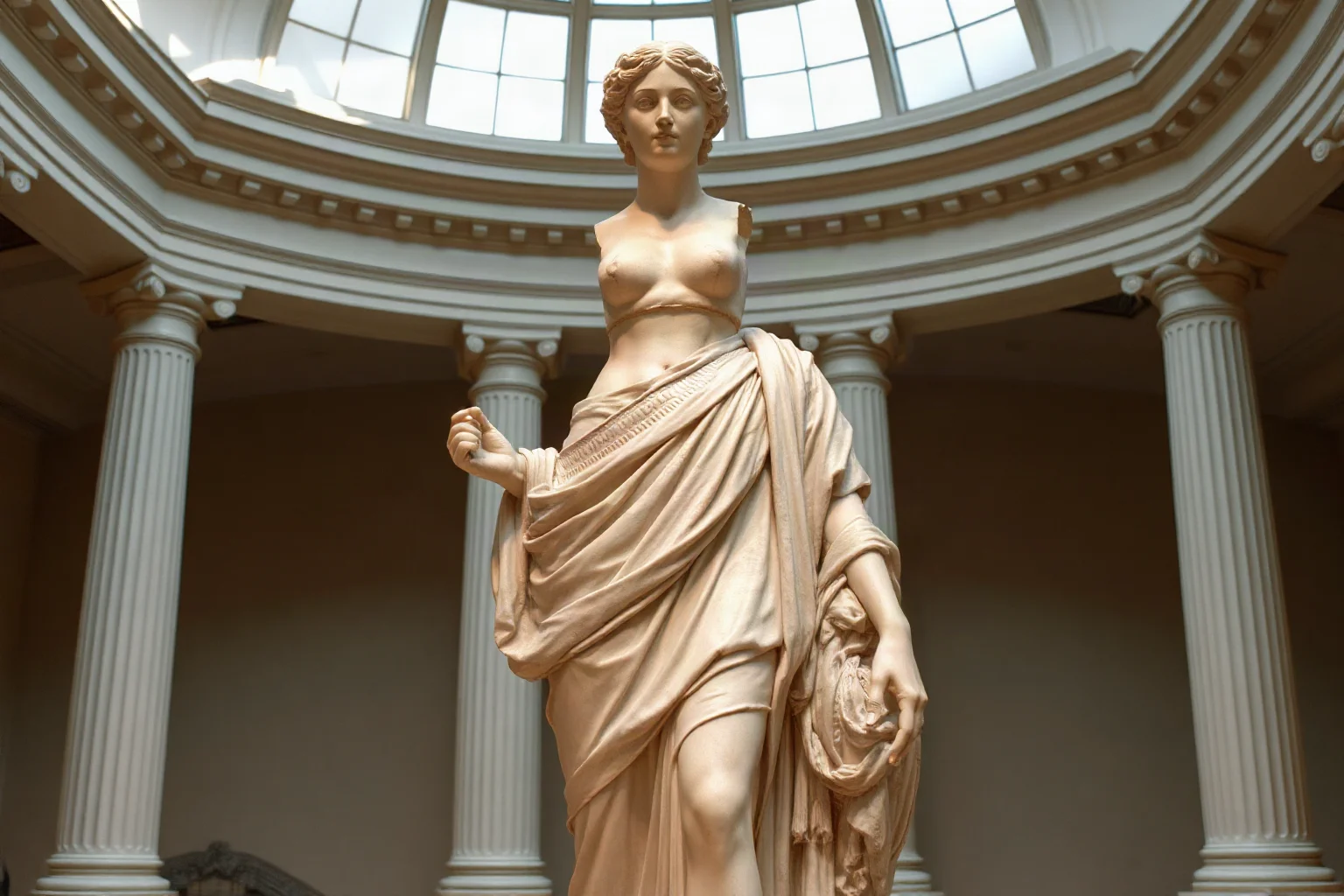A classical marble statue of a robed goddess with missing arms, displayed in a bright museum hall