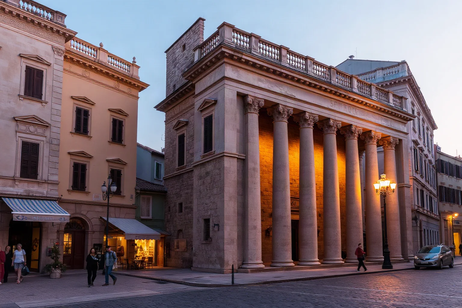 A classical Mediterranean city street scene with stone buildings and columns, evoking ancient Syracuse at dusk