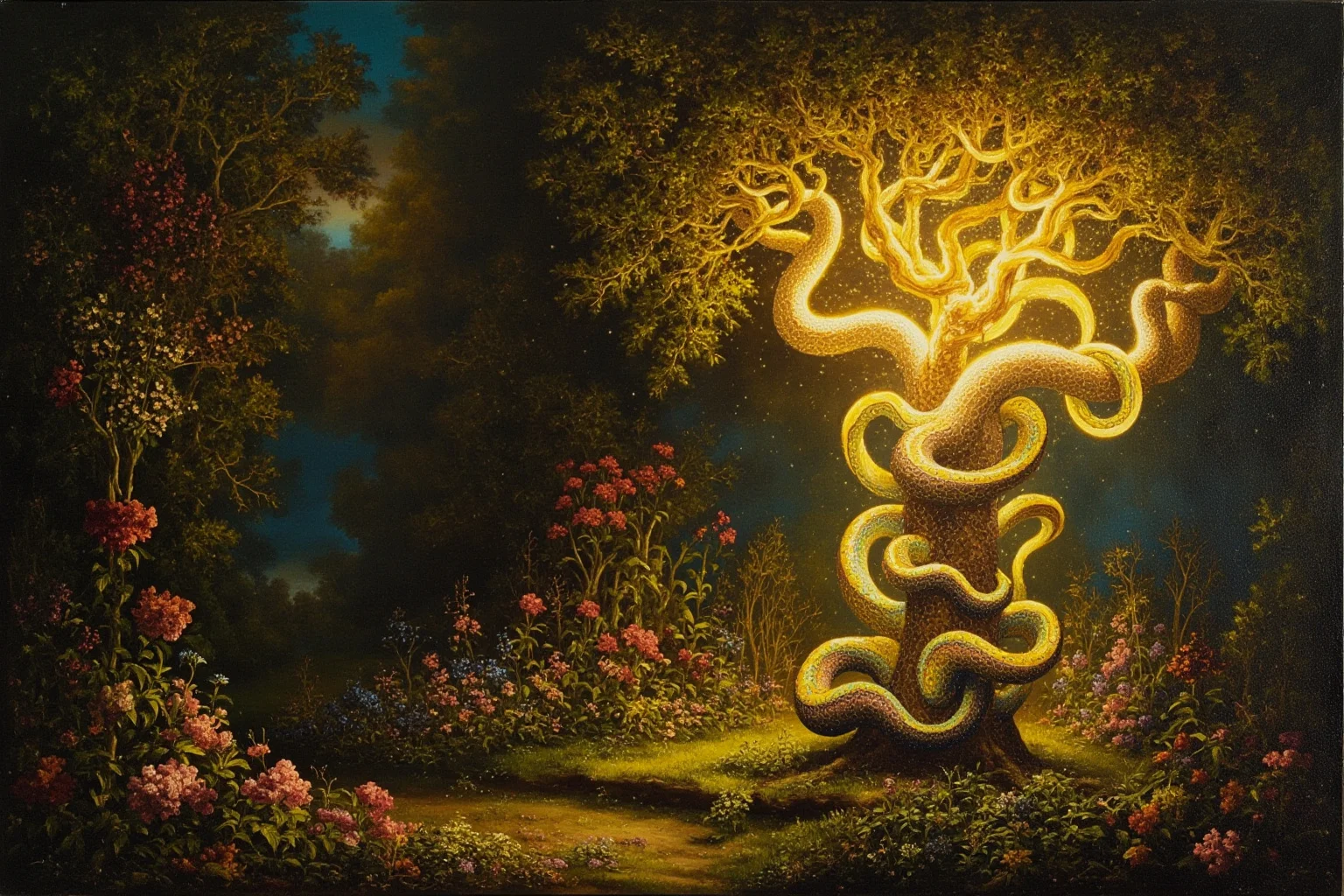The Strange History Of The Poison Apple 11 A classical painting style image of a lush garden with a glowing tree and a coiled serpent in the branches