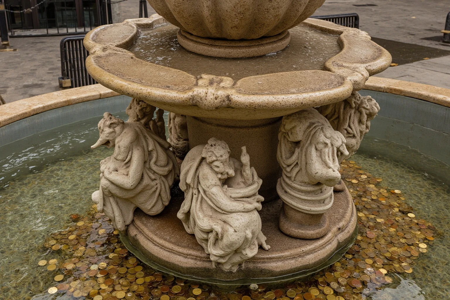 A classical stone fountain with coins glimmering beneath the water