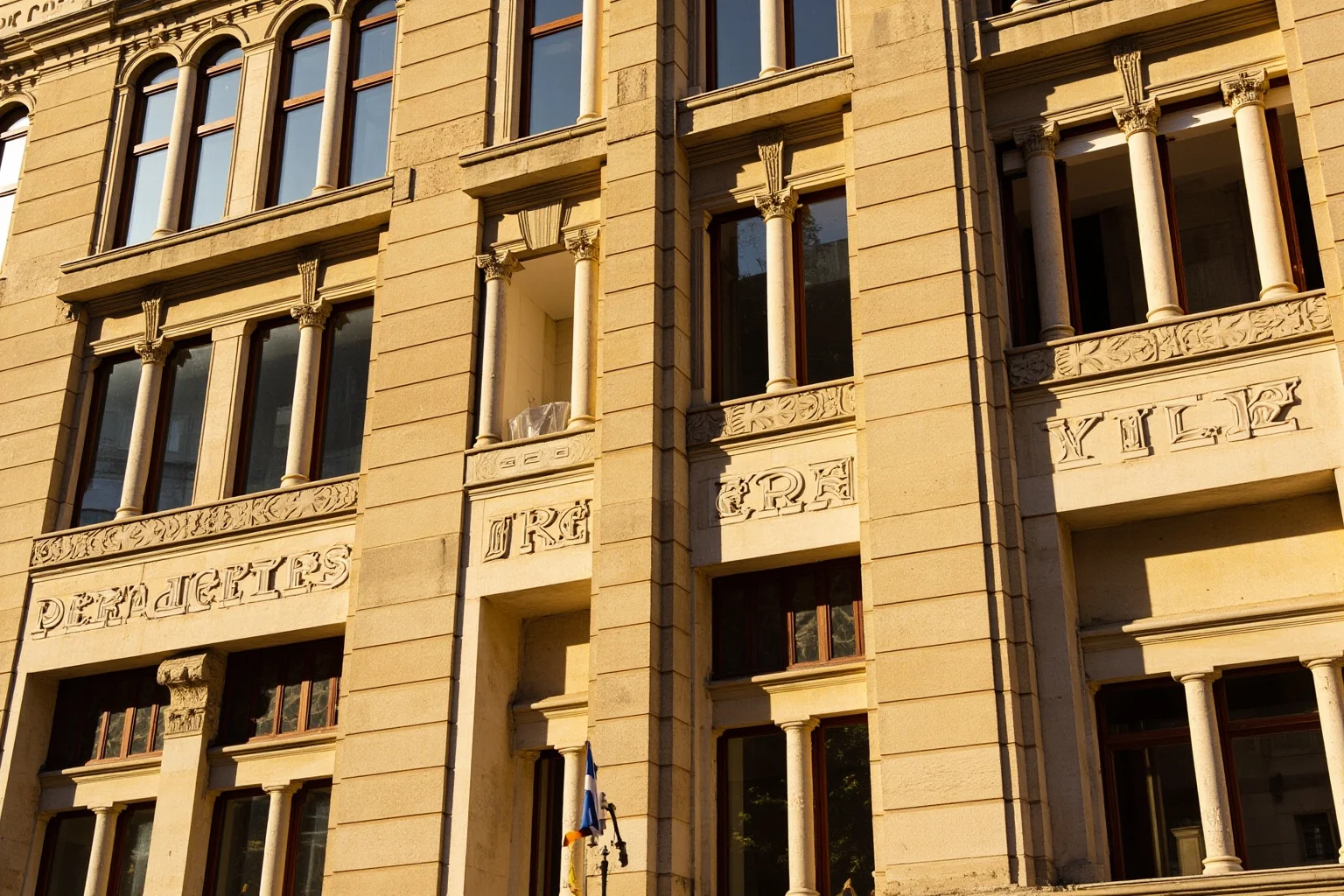 A classical stone palazzo facade with stacked Doric, Ionic, and Corinthian pilasters in warm afternoon light