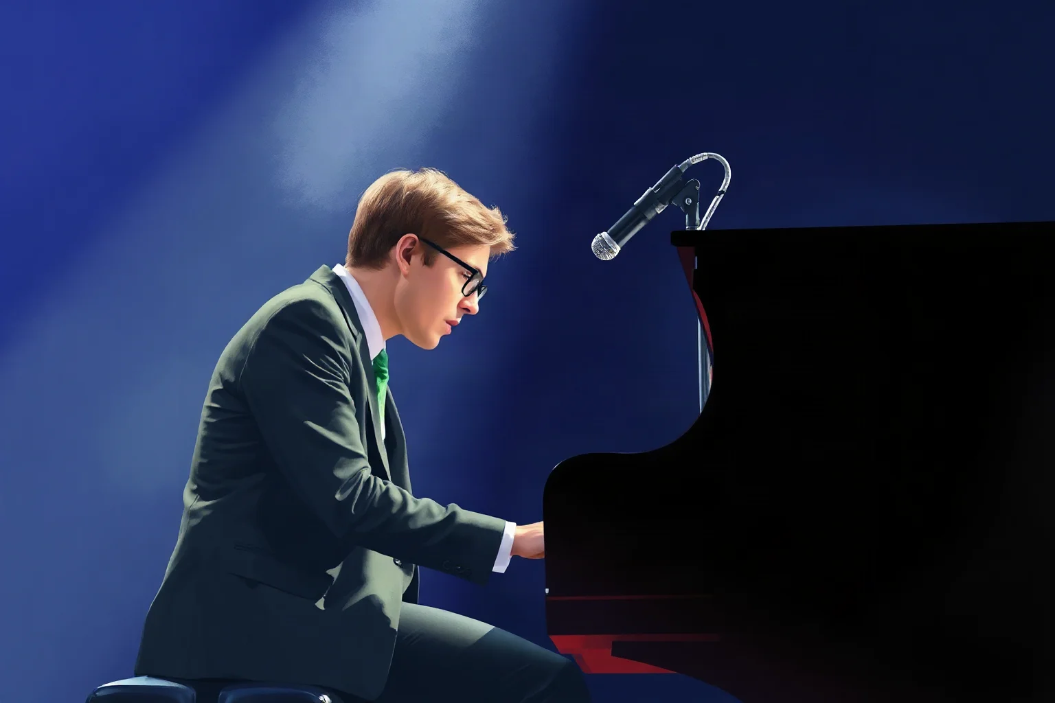 A classically trained pianist singing passionately at a piano, dramatic spotlight, illustration style