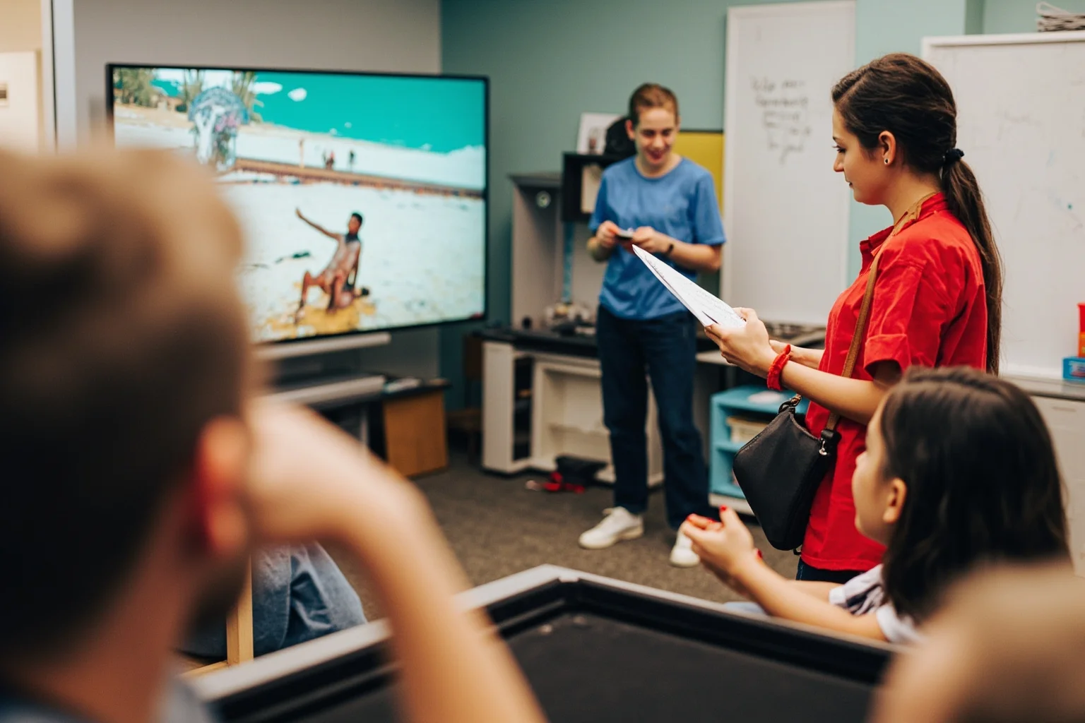 A classroom with a child watching a film or video while an adult observer takes notes, representing social learning observation
