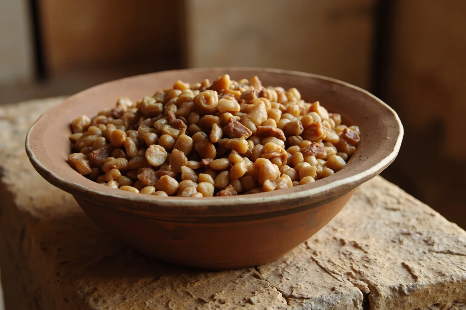 Ancient Greek Diet: 20 Foods Ancient Greeks Ate on a Daily Basis 9 A clay bowl of cooked lentils and chickpeas on a rough-hewn table in an ancient Greek home