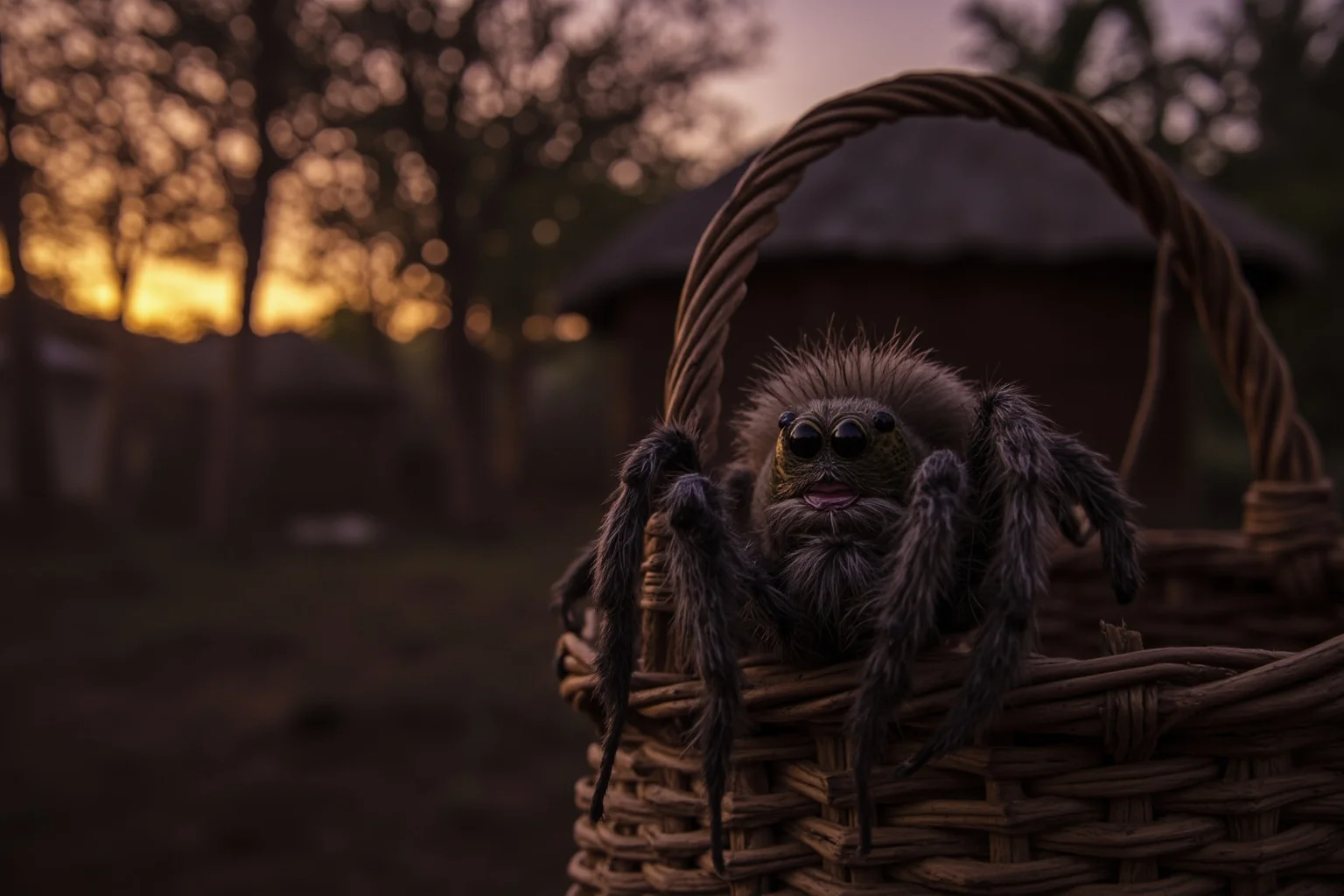 Myths That Defined Cultures: 20 Legends Born From True Events 20 A clever cartoon-style spider perched on a woven basket in a West African village at dusk