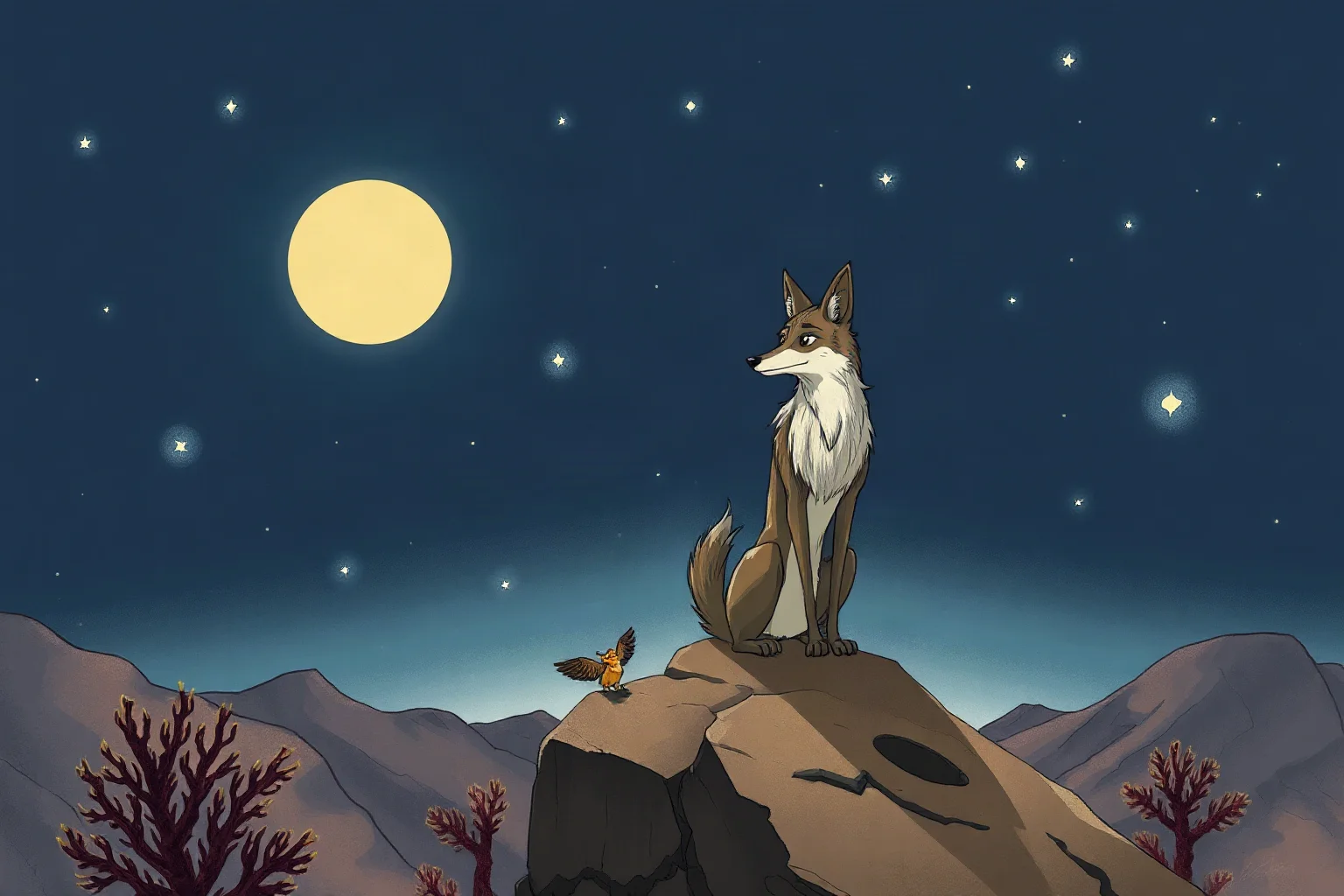 A clever coyote figure sitting on a rock under a starry desert sky, folklore illustration style