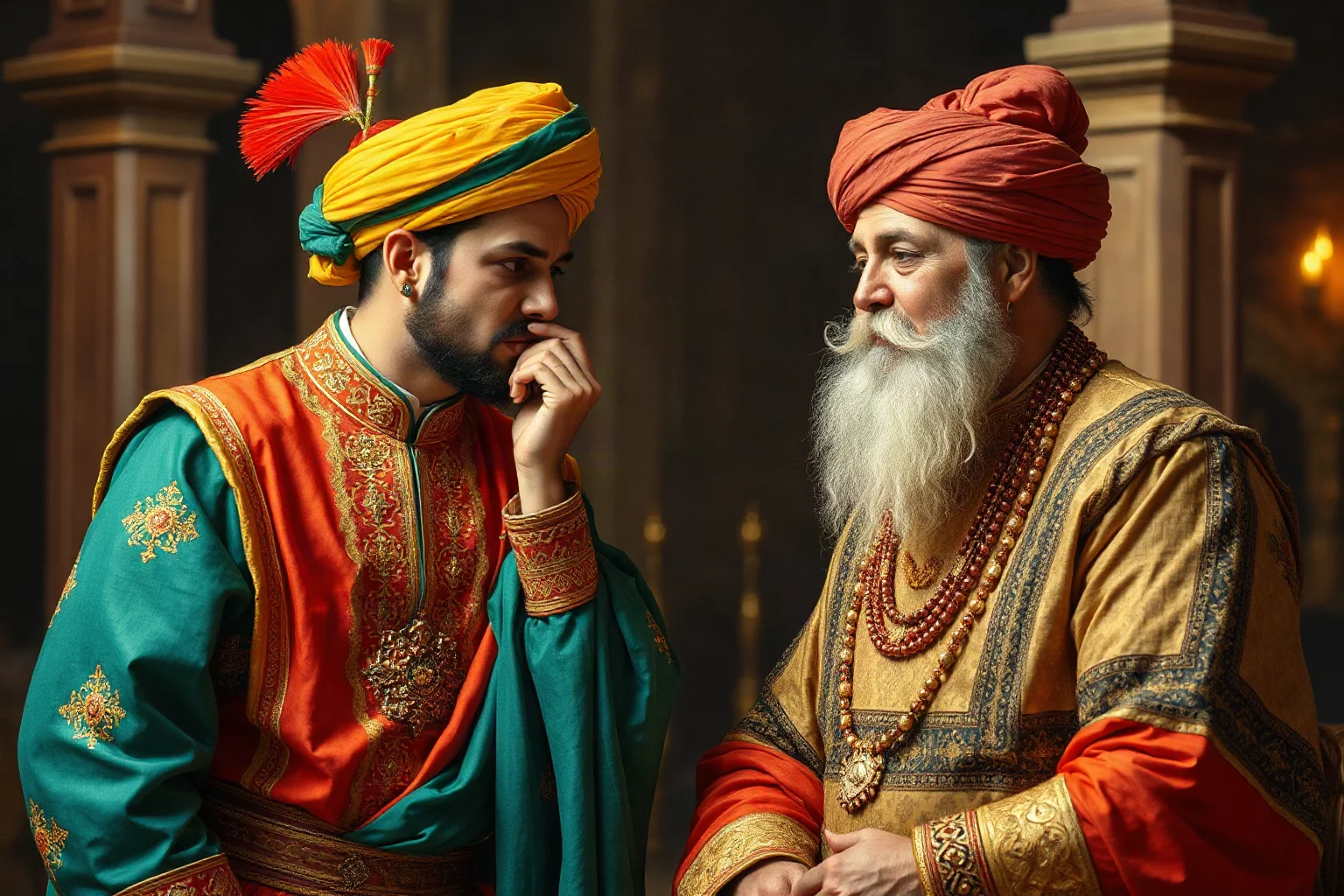 A clever Mughal court minister in fine robes whispering a witty solution to a puzzled emperor