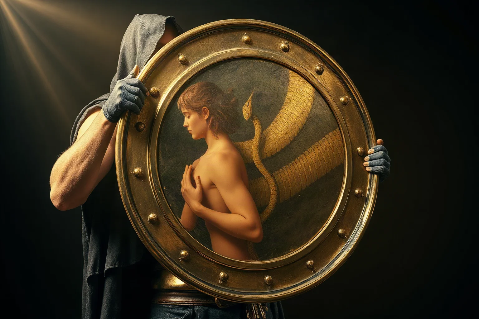A cloaked hero holding up a polished bronze shield reflecting a shadowy snake-haired figure, dramatic classical art style