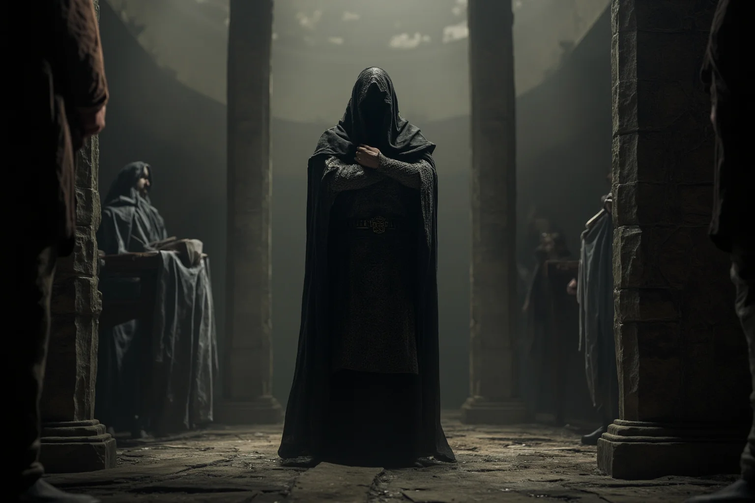 Philosophers Everyone's Heard Of, and 20 Everyone Forgot About 20 A cloaked philosopher standing before Inquisition judges in a shadowy stone chamber, defiant posture