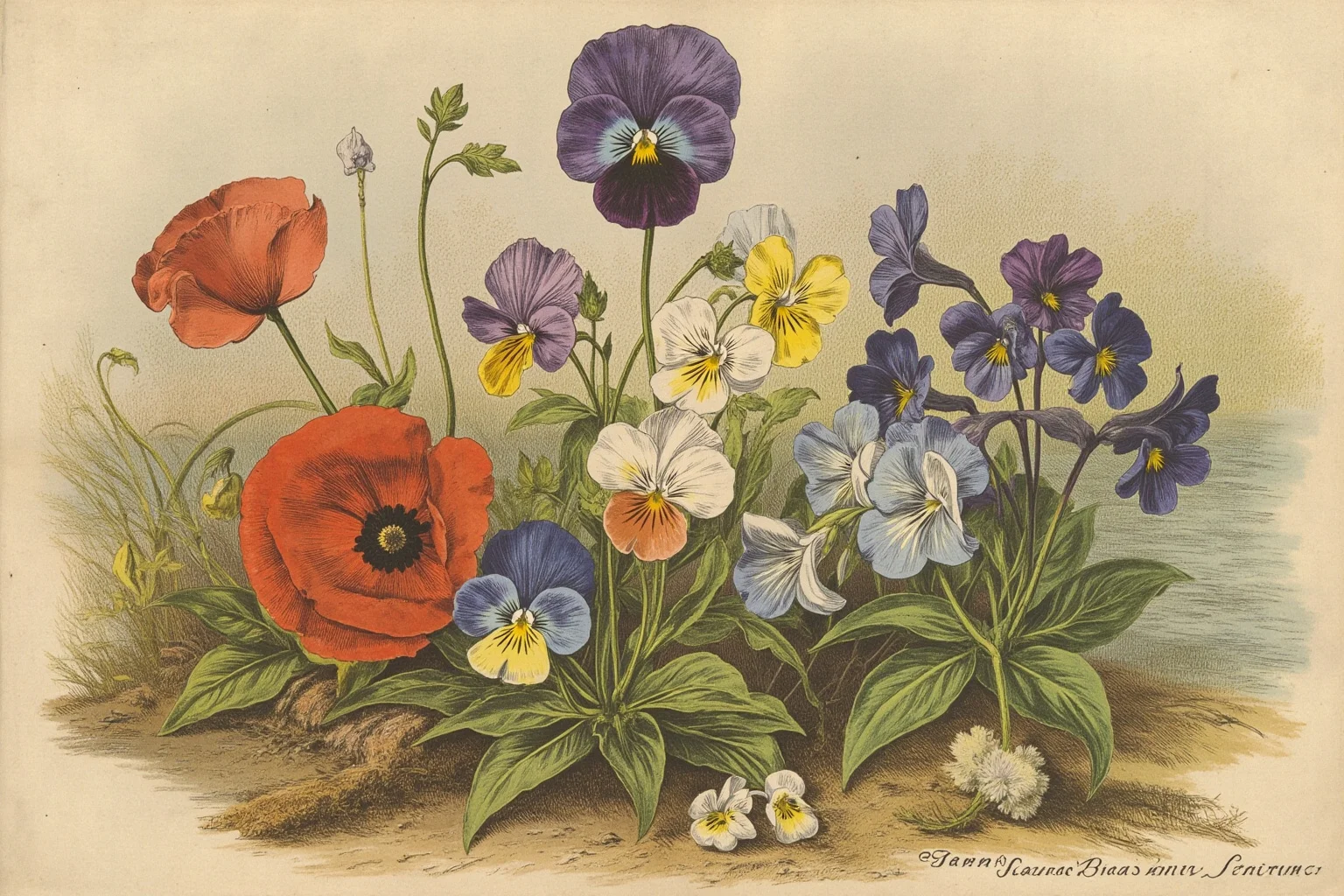 A close-up botanical illustration of symbolic Victorian flowers like poppies, violets, and pansies arranged along a riverbank, painted in a detailed 19th-century art style