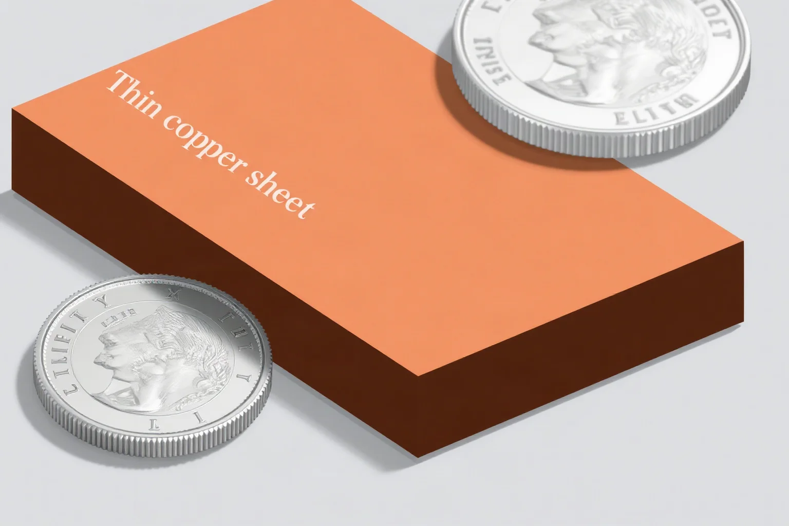 A close-up cross-section illustration showing a thin copper sheet compared to two coins, educational diagram style