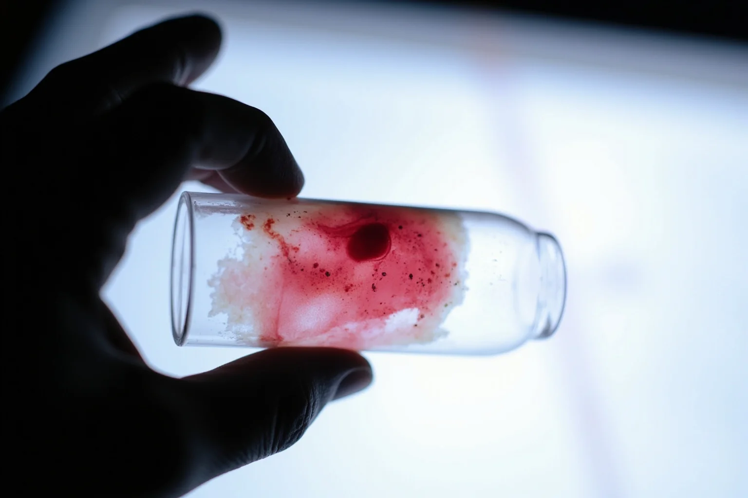 The Toxic Lady: The Strange Case of Gloria Ramirez's Toxic Blood 2 A close-up illustration of a blood sample vial with an odd cloudy discoloration under laboratory light, symbolizing a forensic mystery