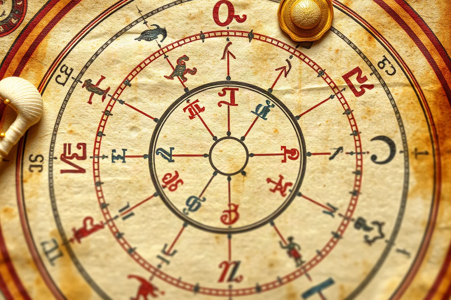 A close-up illustration of a circular medieval-style astronomical diagram with zodiac symbols and small decorative figures, aged parchment texture