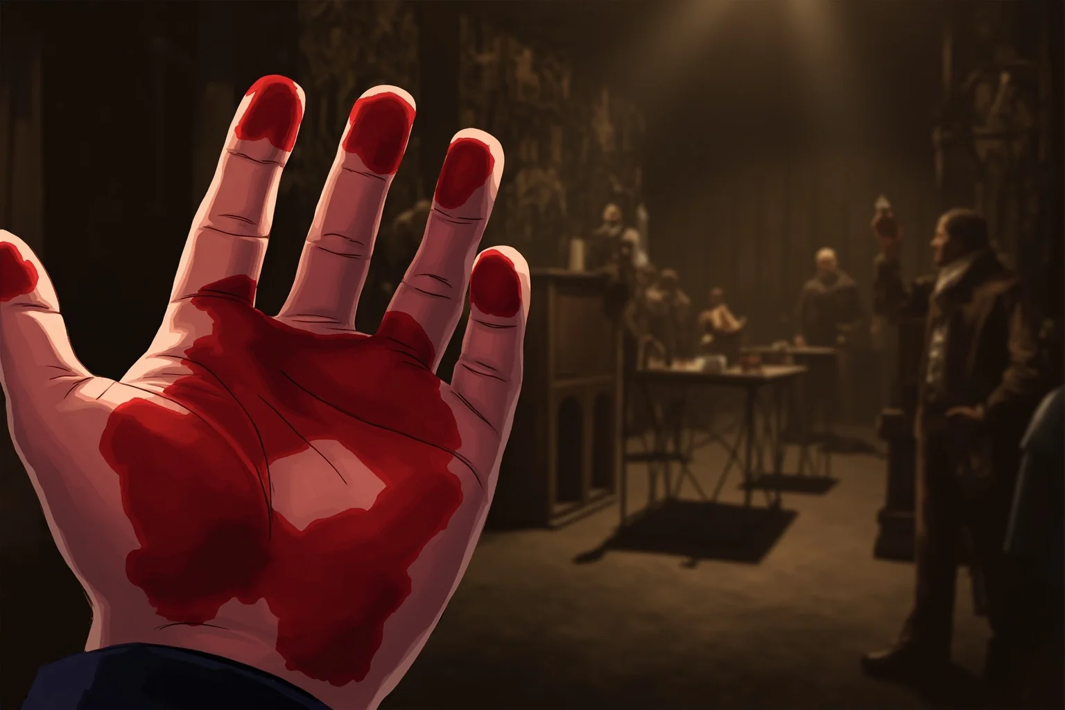 A close-up illustration of a hand stained red, dramatic historical courtroom scene in the background, representing 'caught red-handed'