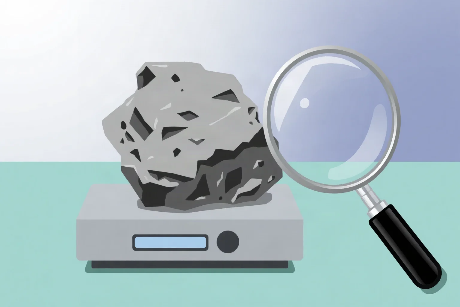 A close-up illustration of a jagged grey moon rock sitting on a laboratory scale next to a magnifying glass