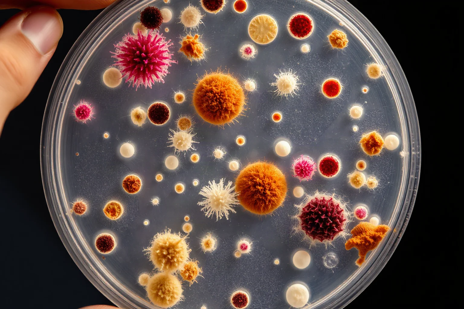 A close-up illustration of a petri dish with mold and bacteria colonies under soft laboratory light