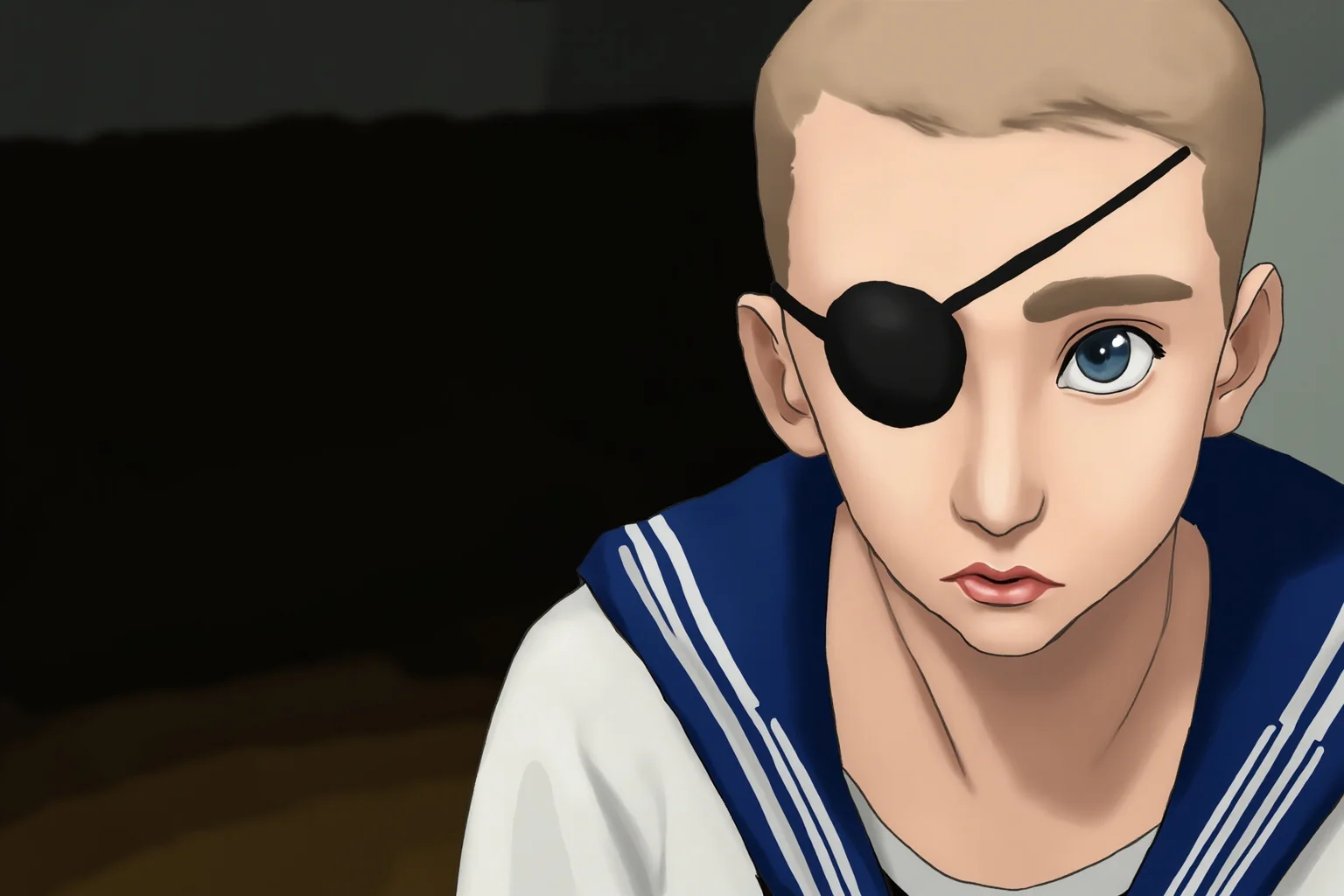 A close-up illustration of a sailor's face with a simple eye patch, standing on a dim ship's lower deck