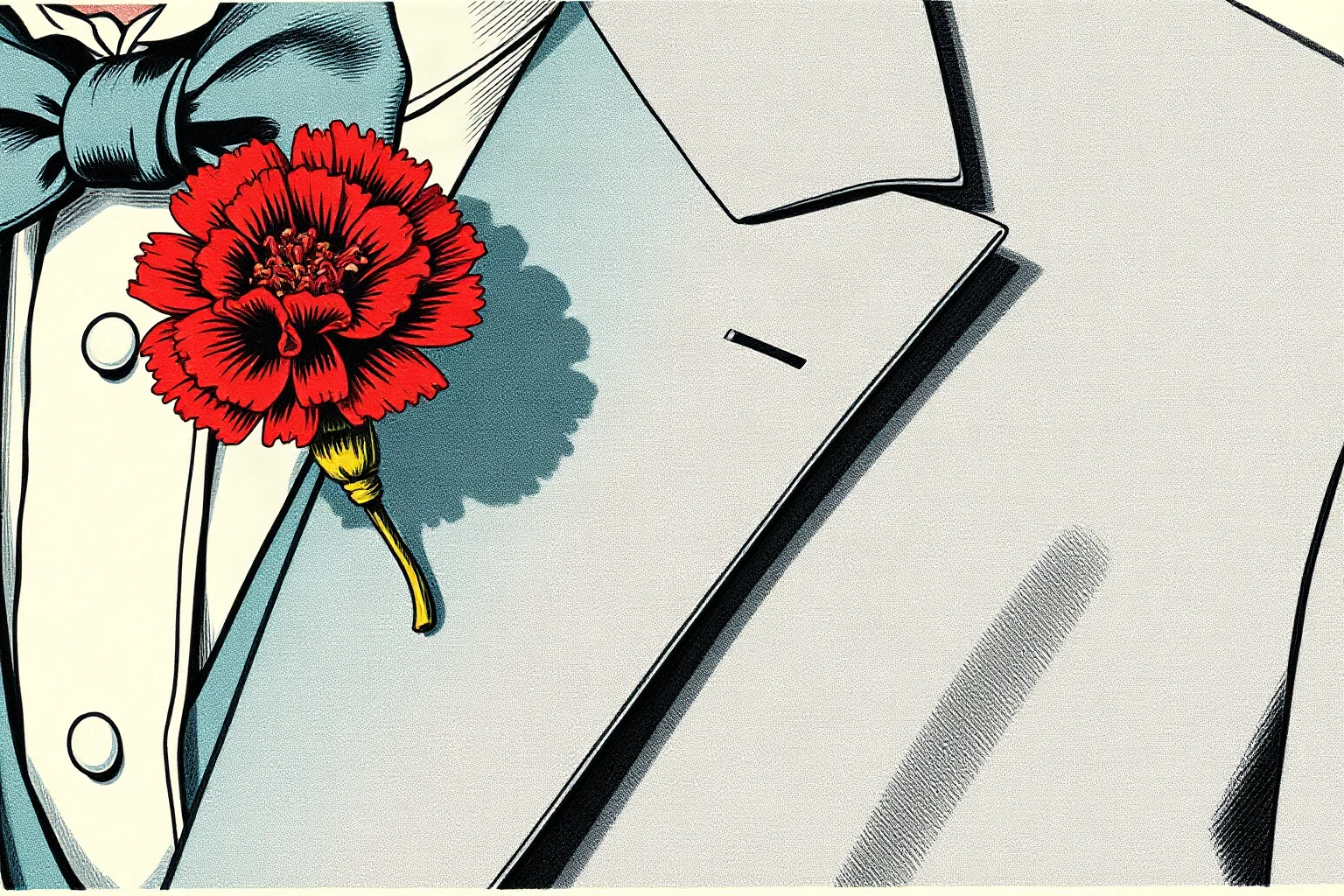 A close-up illustration of a single red carnation flower pinned to a formal lapel, in vintage botanical illustration style
