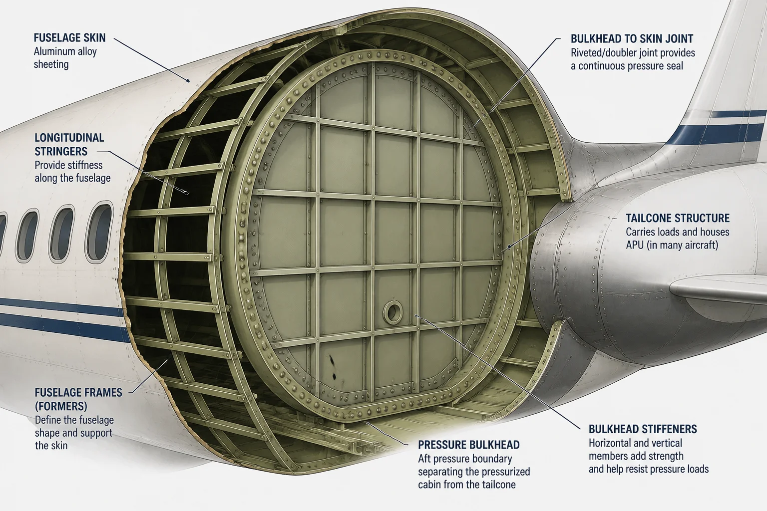 A close-up illustration of an aircraft's rear fuselage and pressure bulkhead structure, technical diagram style