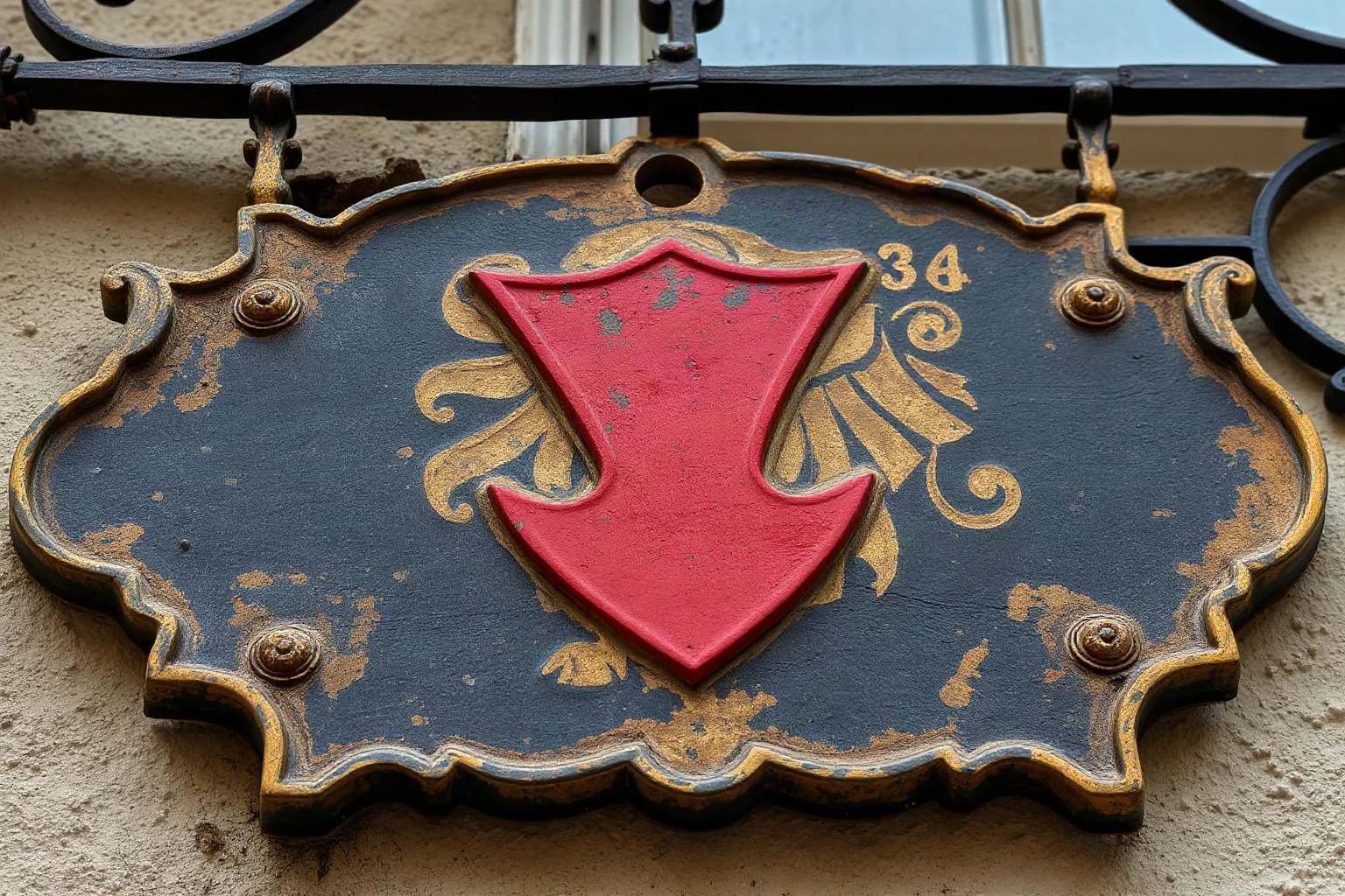 A close-up illustration of an antique house sign featuring a red shield, symbolic of a historic German surname origin