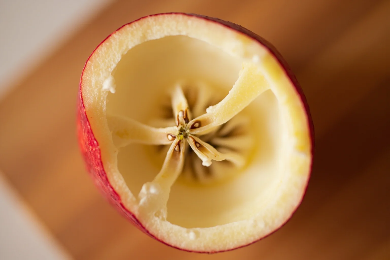 The Strange History Of The Poison Apple 12 A close-up illustration of an apple core with visible seeds on a wooden cutting board