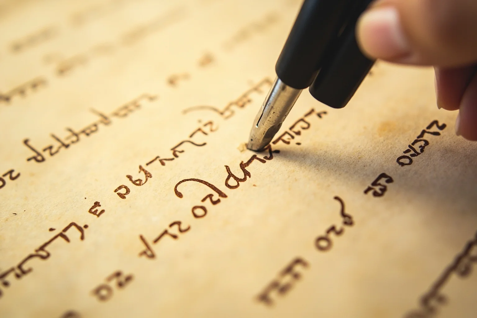 A close-up illustration of an old quill pen writing looping handwritten script on aged parchment