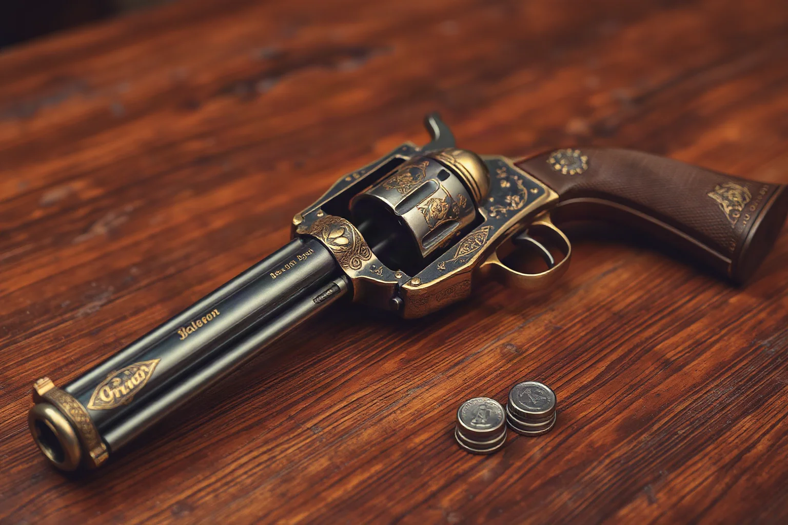 A close-up illustration of an ornate long-barreled revolver resting on a wooden table